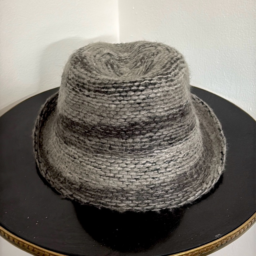 Charming Charlie Gray Black Marled Striped Fuzzy Knit Fedora Hat OS